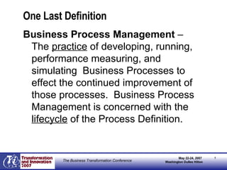 One Last Definition Business Process Management  – The  practice  of developing, running, performance measuring, and simulating  Business Processes to effect the continued improvement of those processes.  Business Process Management is concerned with the  lifecycle  of the Process Definition. 