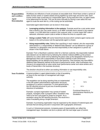 Multi-Dimensional Roles and Responsibilities
Responsibilities
and workflow:
Agent
Determination
Workflows are reflections of work processes at executable level. Work flows contain a series of
tasks (human centric or system based) strung together by some logic and some rules. Each
human centric task is executed by a responsible agent. During execution time, an agent needs
to be determined for the task. This can be done manually by having a user select the next
agent to route the work item to, or the routing can be automated.
Automated agent determination can be done in three ways:
• Leveraging existing information in the systems. Example would be a cost center owner
that is stored in the cost center record, or an MRP controller that is stored in the material
master, or a CSR desk that is stored in the customer order. In some cases SAP code is
delivered, otherwise custom code is written to follow the links to a specific user.
• Using a custom Table with some hierarchical structure which contains agent names and
based on the work-process rule the appropriate agent is chosen.
• Using responsibility rules. Rather than specifying in each material, who the responsible
administrator is, a responsibility of “Material Data Steward” can be defined for a group of
materials in a geographic area and that responsibility is then assigned to a person as
shown in the model above.
Example: From a Styrofoam customer order for a German customer, the responsible material
data steward can be determined by following the ordered material (GMID) up the product
hierarchy to a value center and by following the place code up the Geographic hierarchy to a
Management Area until a responsibility is found that is defined in both dimensions.
Responsibilities can be defined at any level in the hierarchy. One business may have MDS’s
(Material Data Stewards) defined at the level of performance center, other businesses may
choose to do assignments at value center level (performance center and value centers are 2
levels of hierarchies in the business structure).
The direction should be to either use existing information or use responsibility rules.
Issue Escalation A typical problem in agent determination is that of escalating
an issue to the next layer of management with larger
authority.
The escalation can be along reporting lines as implemented
in the HR system (administrative organization structure):
escalating to a person’s supervisor. In more general terms,
the HR reporting structure is just one of several possible
directions of escalation.
Example: a project organization may consist of nested
projects, managed under a program office. Escalation may
need to be from sub-project to project to program. As in
escalation along the HR reporting structure, this would be a
case of escalating along a single dimension.
1
2
3
(X1,Y1)
(X2,Y2)
(X3,Y3)
Functional Hierarchy or
Administrative Hierarchy for
Escalation.
Example: A purchasing organization may be organized by the classes of material types and
services that are being procured in conjunction with a geographic dimension.
In such a 2 dimensional scenario, increasing spans of responsibility can reflect the
management layer. Escalation can be to a person with the next larger span of control.
Saved: 23 Mar 2015 - 03:56 a3/p3 Page 3 of 8
Printed: 30 Oct 2008 - 15:34 a10/p10 Pinaki Ghosh
 