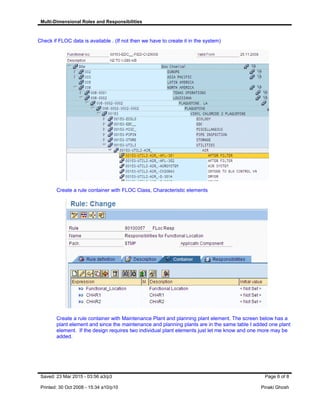 Multi-Dimensional Roles and Responsibilities
Check if FLOC data is available . (If not then we have to create it in the system)
Create a rule container with FLOC Class, Characteristic elements
Create a rule container with Maintenance Plant and planning plant element. The screen below has a
plant element and since the maintenance and planning plants are in the same table I added one plant
element. If the design requires two individual plant elements just let me know and one more may be
added.
Saved: 23 Mar 2015 - 03:56 a3/p3 Page 6 of 8
Printed: 30 Oct 2008 - 15:34 a10/p10 Pinaki Ghosh
 