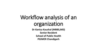 Workflow analysis of an
organization
Dr Kanica Kaushal (MBBS,MD)
Senior Resident
School of Public Health
PGIMER Chandigarh
 