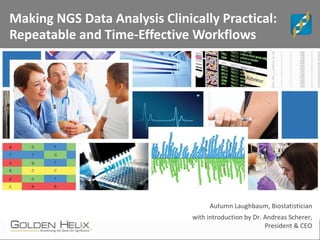 Autumn Laughbaum, Biostatistician
with introduction by Dr. Andreas Scherer,
President & CEO
Making NGS Data Analysis Clinically Practical:
Repeatable and Time-Effective Workflows
 