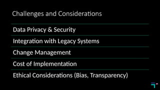 Challenges and Considerations
Data Privacy & Security
Integration with Legacy Systems
Change Management
Cost of Implementation
Ethical Considerations (Bias, Transparency)
 