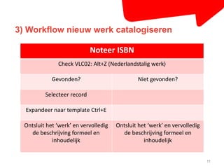 3) Workflow nieuw werk catalogiseren 
11 
Noteer ISBN 
Check VLC02: Alt+Z (Nederlandstalig werk) 
Gevonden? Niet gevonden? 
Selecteer record 
Expandeer naar template Ctrl+E 
Ontsluit het ‘werk’ en vervolledig 
de beschrijving formeel en 
inhoudelijk 
Ontsluit het ‘werk’ en vervolledig 
de beschrijving formeel en 
inhoudelijk 
 