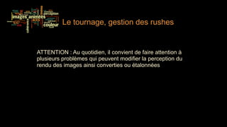 Le tournage, gestion des rushes


ATTENTION : Au quotidien, il convient de faire attention à
plusieurs problèmes qui peuvent modifier la perception du
rendu des images ainsi converties ou étalonnées
 