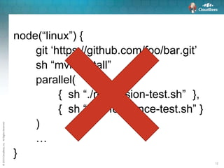 ©2015CloudBees,Inc.AllRightsReserved
12
node(“linux”) {
git ‘https://github.com/foo/bar.git’
sh “mvn install”
parallel(
{ sh “./regression-test.sh” },
{ sh “./performance-test.sh” }
)
…
}
 