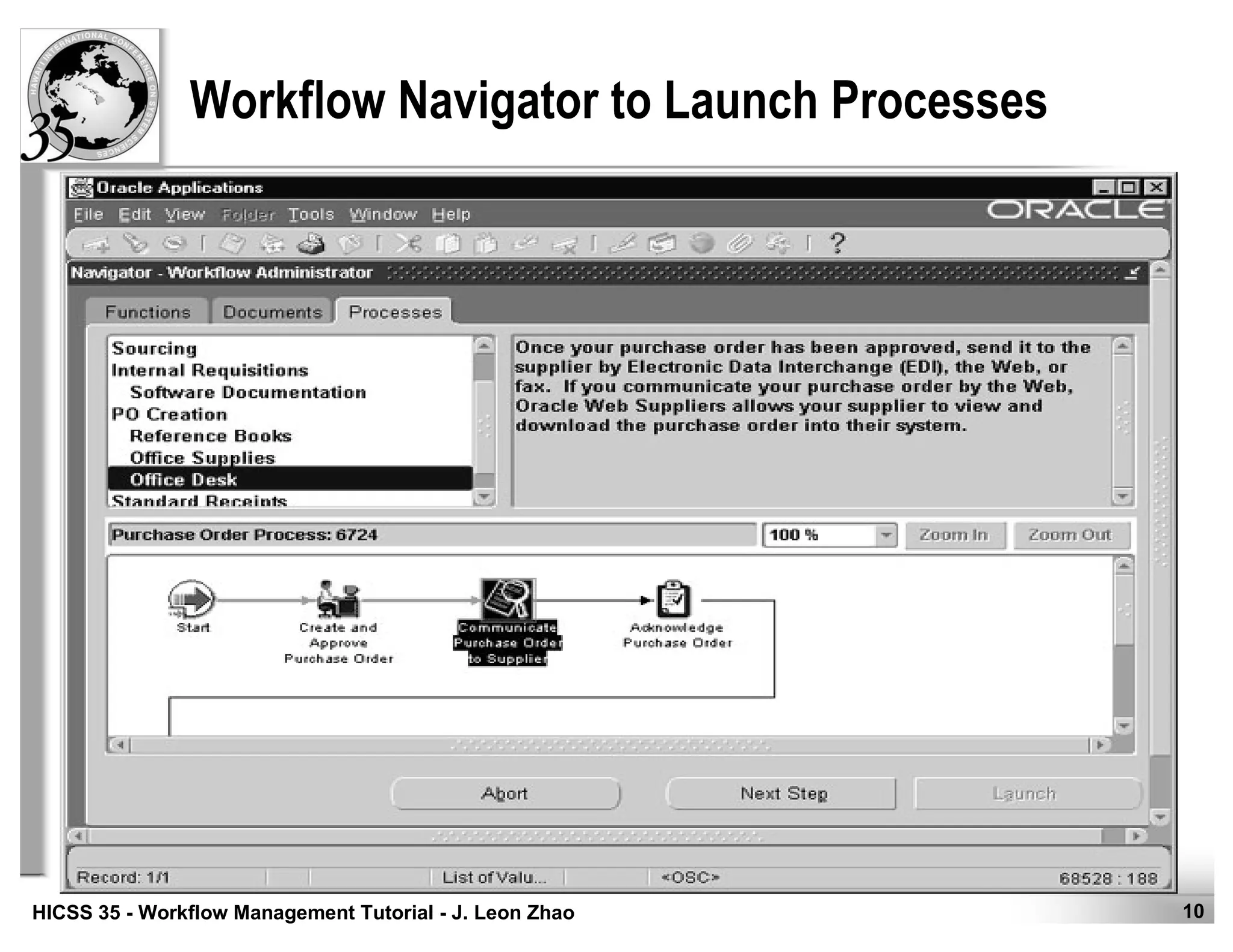 10HICSS 35 - Workflow Management Tutorial - J. Leon Zhao
Workflow Navigator to Launch Processes
 