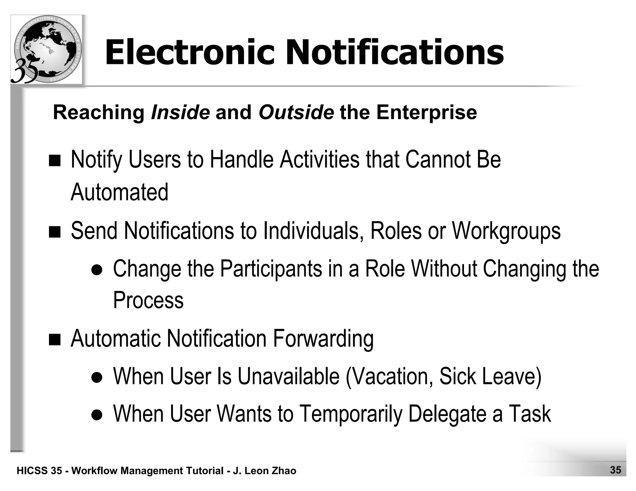 35HICSS 35 - Workflow Management Tutorial - J. Leon Zhao
Electronic Notifications
Notify Users to Handle Activities that Cannot Be
Automated
Send Notifications to Individuals, Roles or Workgroups
Change the Participants in a Role Without Changing the
Process
Automatic Notification Forwarding
When User Is Unavailable (Vacation, Sick Leave)
When User Wants to Temporarily Delegate a Task
Reaching Inside and Outside the Enterprise
 
