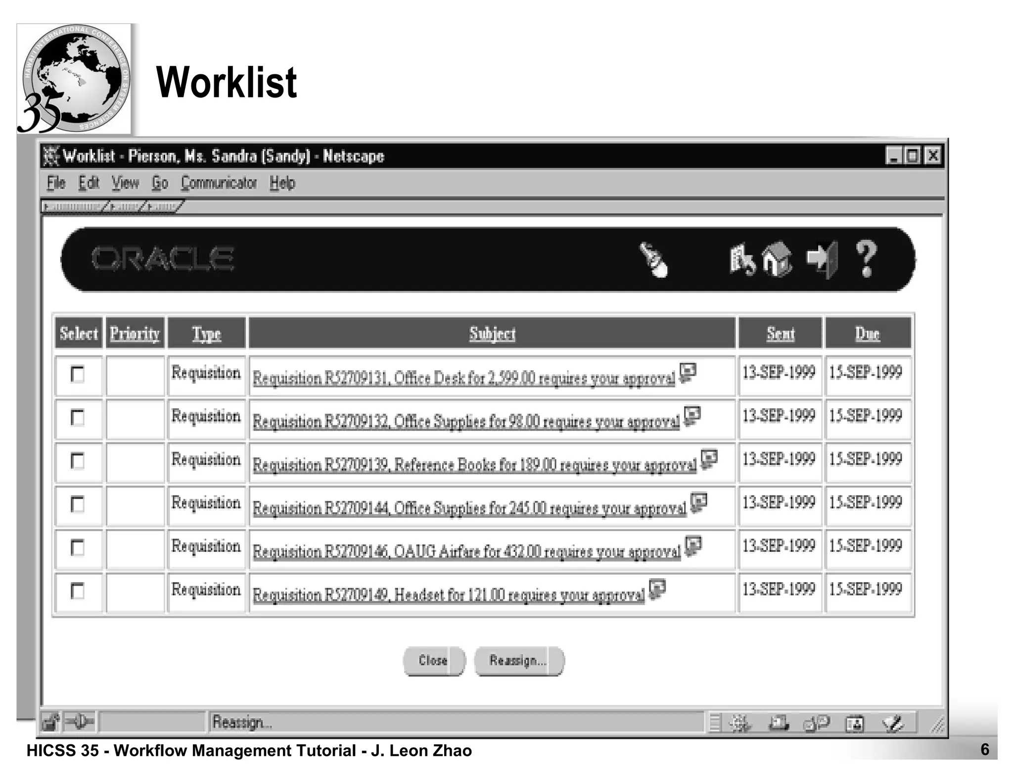6HICSS 35 - Workflow Management Tutorial - J. Leon Zhao
Worklist
 