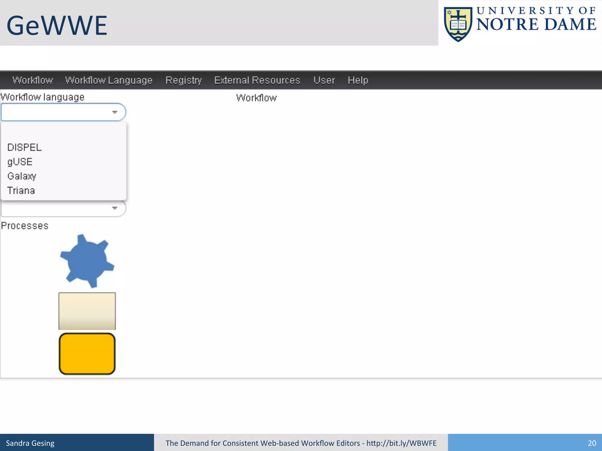 GeWWE	
  	
  

Sandra	
  Gesing	
  

The	
  Demand	
  for	
  Consistent	
  Web-­‐based	
  Workﬂow	
  Editors	
  -­‐	
  hSp://bit.ly/WBWFE	
  

20	
  

 