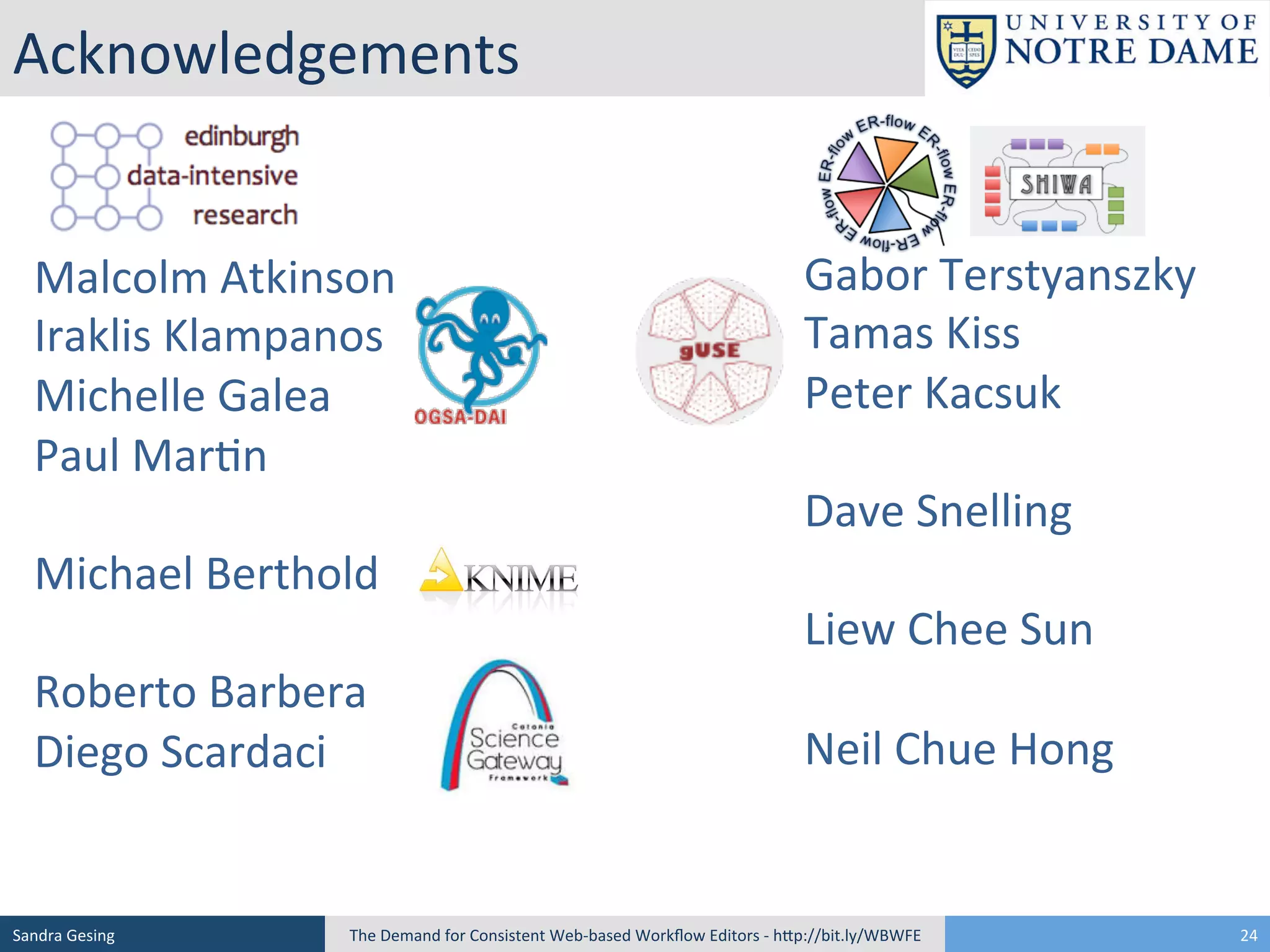 Acknowledgements	
  	
  
	
  
	
  
Malcolm	
  Atkinson	
  	
  
Iraklis	
  Klampanos	
  	
  
Michelle	
  Galea	
  	
  
Paul	
  Mar[n	
  
	
  
Michael	
  Berthold	
  	
  
	
  
Roberto	
  Barbera	
  	
  
Diego	
  Scardaci	
  	
  

Sandra	
  Gesing	
  

	
  
	
  
Gabor	
  Terstyanszky	
  	
  
Tamas	
  Kiss	
  	
  
Peter	
  Kacsuk	
  
	
  
Dave	
  Snelling	
  
	
  
Liew	
  Chee	
  Sun	
  
	
  
Neil	
  Chue	
  Hong	
  

The	
  Demand	
  for	
  Consistent	
  Web-­‐based	
  Workﬂow	
  Editors	
  -­‐	
  hSp://bit.ly/WBWFE	
  

24	
  

 