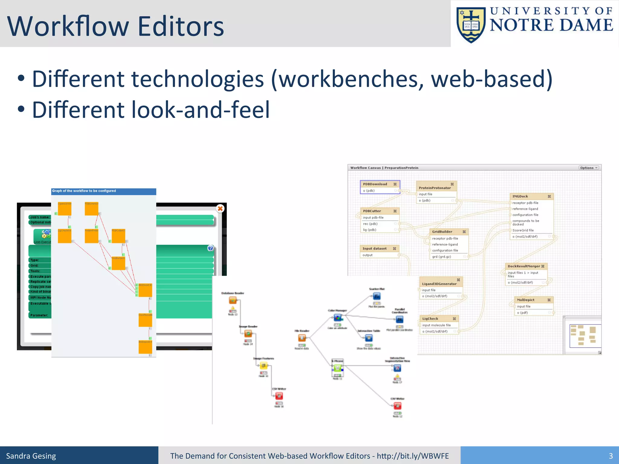 Workﬂow	
  Editors	
  
• 	
  Diﬀerent	
  technologies	
  (workbenches,	
  web-­‐based)	
  	
  
• 	
  Diﬀerent	
  look-­‐and-­‐feel	
  
	
  

Sandra	
  Gesing	
  

The	
  Demand	
  for	
  Consistent	
  Web-­‐based	
  Workﬂow	
  Editors	
  -­‐	
  hSp://bit.ly/WBWFE	
  

3	
  

 
