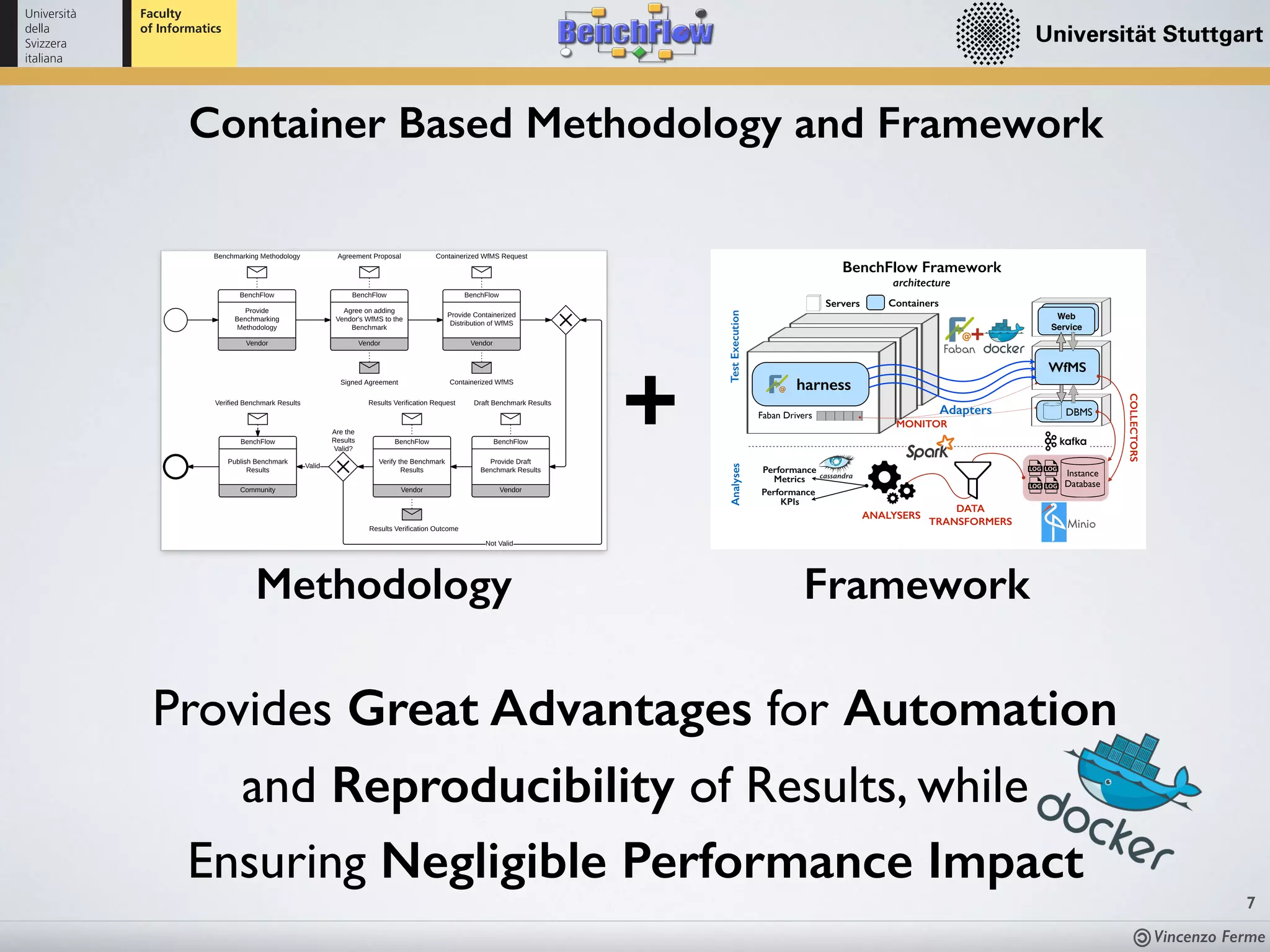 Vincenzo Ferme
Vendor
BenchFlow
Provide
Benchmarking
Methodology
Vendor
BenchFlow
Agree on adding
Vendor's WfMS to the
Benchmark
Benchmarking Methodology Agreement Proposal
Signed Agreement
Vendor
BenchFlow
Provide Containerized
Distribution of WfMS
Containerized WfMS Request
Containerized WfMS
Vendor
BenchFlow
Verify the Benchmark
Results
Results Verification Outcome
Results Verification Request
Vendor
BenchFlow
Provide Draft
Benchmark Results
Draft Benchmark ResultsVerified Benchmark Results
Not Valid
Are the
Results
Valid?
Community
BenchFlow
Publish Benchmark
Results
Valid
Figure 4: Benchmarking Methodology Choreography
pending on the WfMS’s architecture. The DBMS
Container can refer to an existing publicly available
Container distributions. The containerized WfMS
should be publicly available (e.g., at the Docker Hub
registry8), or the Benchﬂow team should be granted
access to a private registry used by the vendor. The
same applies to the Containers’ deﬁnition ﬁle, i.e., the
Dockerﬁle (Turnbull, 2014, ch. 4). While private reg-
istries are a solution that can work with vendors of
closed-source systems, they impact the reproducibil-
ity of the results. For each WfMS version to be in-
cluded in the benchmark, there must be a default con-
ﬁguration, i.e., the conﬁguration in which the WfMS
Containers start without modifying any conﬁguration
parameters, except the ones required in order to cor-
rectly start the WfMS, e.g., the database connection.
However, if vendors want to benchmark the perfor-
mance of their WfMS with different conﬁgurations,
for example, the conﬁguration provided to users as
a “getting started” conﬁguration, or production-grade
conﬁgurations for real-life usage, they can also pro-
vide different conﬁgurations. To do that, the Con-
tainers must allow to issue the WfMS conﬁgurations
through additional environment variables9, and/or by
access the conﬁguration ﬁles. Exposing the volumes
allows to access the ﬁles deﬁned inside the Contain-
ers, on the host operating system. Precisely, the WES
Container has to, at least, enable the conﬁguration of:
1) the used DB, i.e., DB driver, url, username and
password for connection; 2) the WES itself; and 3) the
logging level of the WES, and the application stack
layers on which it may depend on. Alternatively, in-
stead of providing conﬁguration details, the vendors
can provide different Containers for different conﬁg-
urations. However, even in that case enabling the DB
conﬁguration is required.
In order to access relevant data, all WfMS Con-
tainers have to specify the volumes to access the
WfMS log ﬁles, and to access all the data useful to
setup the system. For instance, if the WfMS deﬁnes
examples as part of the deployment, we may want
to remove those examples by overriding the volume
containing them. Moreover, the WES Container (or
the DBMS Container) has to create the WfMS’s DB
and populate it with data required to run the WfMS.
The vendors need to provide authentication conﬁgu-
ration details of the WfMS components (e.g., the user
7
Methodology Framework
+
Container Based Methodology and Framework
BenchFlow Framework
architecture
Instance
Database
DBMSFaban Drivers
ContainersServers
DATA 
TRANSFORMERS
ANALYSERS
Performance
Metrics
Performance
KPIs
WfMS
TestExecutionAnalyses
Faban
+
Web
Service
Minio
harness
MONITOR
Adapters
COLLECTORS
Provides Great Advantages for Automation
and Reproducibility of Results, while
Ensuring Negligible Performance Impact
 