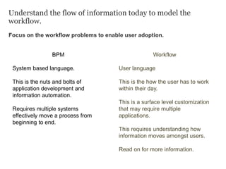 Understand the flow of information today to model the
workflow.
Focus on the workflow problems to enable user adoption.
BPM
System based language.
This is the nuts and bolts of
application development and
information automation.
Requires multiple systems
effectively move a process from
beginning to end.
Workflow
User language
This is the how the user has to work
within their day.
This is a surface level customization
that may require multiple
applications.
This requires understanding how
information moves amongst users.
Read on for more information.
 