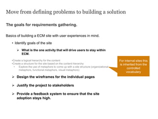 Move from defining problems to building a solution
The goals for requirements gathering.
Basics of building a ECM site with user experiences in mind.
• Identify goals of the site
 What is the one activity that will drive users to stay within
ECM.
•Create a logical hierarchy for the content
•Create a structure for the site based on the content hierarchy
• Explore the use of metaphors to come up with a site structure (organizational
metaphors, functional metaphors, visual metaphors)
 Design the wireframes for the individual pages
 Justify the project to stakeholders
 Provide a feedback system to ensure that the site
adoption stays high.
For internal sites this
is inherited from the
controlled
vocabulary
 