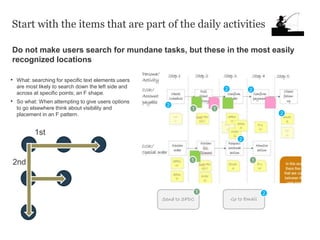 Do not make users search for mundane tasks, but these in the most easily
recognized locations
Start with the items that are part of the daily activities
• What: searching for specific text elements users
are most likely to search down the left side and
across at specific points; an F shape.
• So what: When attempting to give users options
to go elsewhere think about visibility and
placement in an F pattern.
1st
2nd
1
1
1
2
2
2
2
2
Send to SFDC Go to Email
1 2
1
 