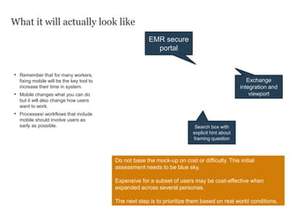 What it will actually look like
• Remember that for many workers,
fixing mobile will be the key tool to
increase their time in system.
• Mobile changes what you can do
but it will also change how users
want to work.
• Processes/ workflows that include
mobile should involve users as
early as possible.
EMR secure
portal
Search box with
explicit hint about
framing question
Exchange
integration and
viewport
Do not base the mock-up on cost or difficulty. This initial
assessment needs to be blue sky.
Expensive for a subset of users may be cost-effective when
expanded across several personas.
The next step is to prioritize them based on real world conditions.
 
