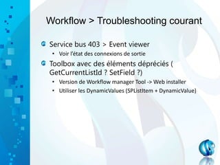 Workflow > Troubleshooting courant
Service bus 403 > Event viewer
• Voir l’état des connexions de sortie
Toolbox avec des éléments dépréciés (
GetCurrentListId ? SetField ?)
• Version de Workflow manager Tool -> Web installer
• Utiliser les DynamicValues (SPListItem + DynamicValue)
 