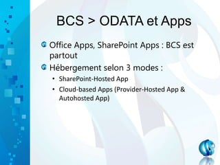 BCS > ODATA et Apps
Office Apps, SharePoint Apps : BCS est
partout
Hébergement selon 3 modes :
• SharePoint-Hosted App
• Cloud-based Apps (Provider-Hosted App &
Autohosted App)
 