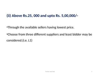 Tender work flow 3
(ii) Above Rs.25, 000 and upto Rs. 5,00,000/-
•Through the available sellers having lowest price.
•Choose from three different suppliers and least bidder may be
considered.(i.e. L1)
 