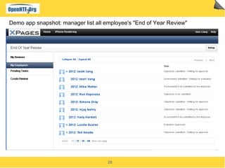Demo app snapshot: manager list all employee's "End of Year Review"




                                     29
 