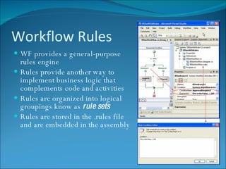 Workflow Rules WF provides a general-purpose rules engine Rules provide another way to implement business logic that complements code and activities Rules are organized into logical groupings know as  rule sets Rules are stored in the .rules file and are embedded in the assembly 