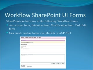 Workflow SharePoint UI Forms SharePoint can have any of the following Workflow forms:  Association form, Initiation form, Modification form, Task Edit form Can create custom forms via InfoPath or ASP.NET 