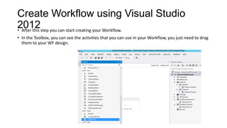 Create Workflow using Visual Studio
2012• After this step you can start creating your Workflow.
• In the Toolbox, you can see the activities that you can use in your Workflow, you just need to drag
them to your WF design.
 