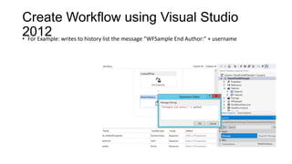 Create Workflow using Visual Studio
2012• For Example: writes to history list the message “WFSample End Author:” + username
 