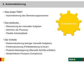 2. Automatisierung
• Was bietet TMS?
– Automatisierung des Übersetzungsprozesses
• Das bedeutet...
– Reduzierung der manuellen Aufgaben
– Definition der Prozesse
– Flexible Arbeitsabläufe
• Die Vorteile
– Kostenreduzierung (weniger manuelle Aufgaben)
– Fehlerreduzierung (Fehlerbehebung ist teuer)
– Produktivitätssteigerung (Manuelle Schritte entfallen)
– Wiederholbare Prozesse (Compliance)
Automatisierung
 