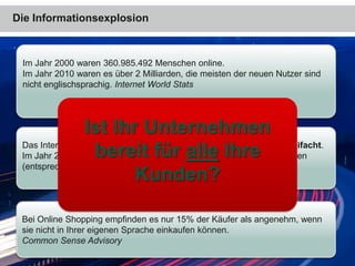 Die Informationsexplosion
Im Jahr 2000 waren 360.985.492 Menschen online.
Im Jahr 2010 waren es über 2 Milliarden, die meisten der neuen Nutzer sind
nicht englischsprachig. Internet World Stats
Das Internet hat die Anzahl der von Personen gelesenen Texte verdreifacht.
Im Jahr 2009 hat im Durchschnitt jeder US-Bürger 12,5 GB Text erhalten
(entsprechend 12 Kleinlaster mit Büchern gefüllt). IDC
Bei Online Shopping empfinden es nur 15% der Käufer als angenehm, wenn
sie nicht in Ihrer eigenen Sprache einkaufen können.
Common Sense Advisory
Ist Ihr Unternehmen
bereit für alle Ihre
Kunden?
 