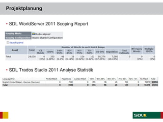 Projektplanung
• SDL WorldServer 2011 Scoping Report
• SDL Trados Studio 2011 Analyse Statistik
 