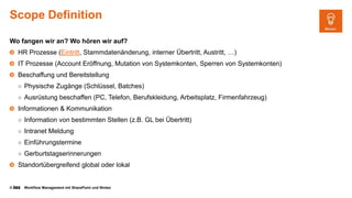© Workflow Management mit SharePoint und Nintex
Scope Definition
Wo fangen wir an? Wo hören wir auf?
HR Prozesse (Eintritt, Stammdatenänderung, interner Übertritt, Austritt, …)
IT Prozesse (Account Eröffnung, Mutation von Systemkonten, Sperren von Systemkonten)
Beschaffung und Bereitstellung
○ Physische Zugänge (Schlüssel, Batches)
○ Ausrüstung beschaffen (PC, Telefon, Berufskleidung, Arbeitsplatz, Firmenfahrzeug)
Informationen & Kommunikation
○ Information von bestimmten Stellen (z.B. GL bei Übertritt)
○ Intranet Meldung
○ Einführungstermine
○ Gerburtstagserinnerungen
Standortübergreifend global oder lokal
 