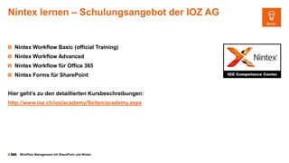 © Workflow Management mit SharePoint und Nintex
Nintex lernen – Schulungsangebot der IOZ AG
Nintex Workflow Basic (official Training)
Nintex Workflow Advanced
Nintex Workflow für Office 365
Nintex Forms für SharePoint
Hier geht’s zu den detaillierten Kursbeschreibungen:
http://www.ioz.ch/ioz/academy/Seiten/academy.aspx
 