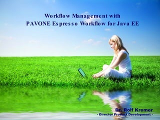Startfolie mit Titel der Präsentation Workflow Management with PAVONE Espresso Workflow for Java EE Vorname Nachname -Business Titel- Dr. Rolf Kremer - Director Product Development - 