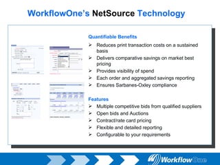 WorkflowOne’s  NetSource   Technology Quantifiable Benefits Reduces print transaction costs on a sustained basis Delivers comparative savings on market best pricing Provides visibility of spend  Each order and aggregated savings reporting Ensures Sarbanes-Oxley compliance Features Multiple competitive bids from qualified suppliers Open bids and Auctions Contract/rate card pricing Flexible and detailed reporting Configurable to your requirements 