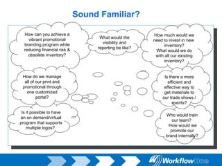 How can you achieve a vibrant promotional branding program while reducing financial risk & obsolete inventory? Is it possible to have an on demand/virtual program that supports multiple logos?  How do we manage all of our print and promotional through one customized portal? What would the visibility and reporting be like?   Who would train our team?  How would we promote our brand internally?  How much would we need to invest in new  inventory? What would we do with all our existing inventory? Is there a more efficient and effective way to get materials to our trade shows / events? Sound Familiar?  