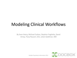 Modeling Clinical Workflows By Sean Avery, Michael Sutton, Stephen Foglietta, David Arney, Tracy Rausch, CCE, Julian Goldman, MD DocBox Proprietary Information 2011 