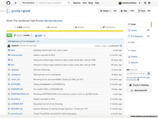 tasks 
testes 
pré-processadores 
jshint/csslint 
criar sprites 
concatenação 
otimização de imagens 
 