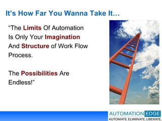 It’s How Far You Wanna Take It… “ The  Limits  Of Automation Is Only Your  Imagination And  Structure  of Work Flow Process. The  Possibilities  Are Endless!” 