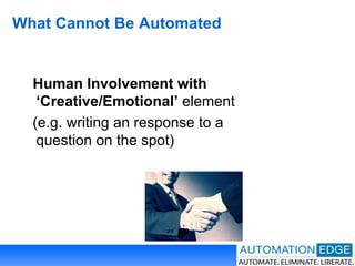 What Cannot Be Automated Human Involvement   with ‘Creative/Emotional’  element  (e.g. writing an response to a question on the spot) 