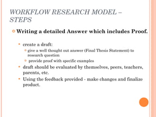 WORKFLOW RESEARCH MODEL – STEPS <ul><li>Writing a detailed Answer which includes Proof.  </li></ul><ul><ul><li>create a dr...