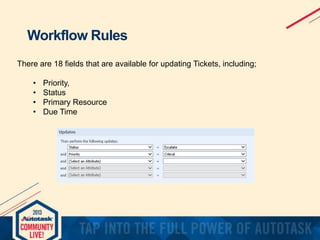 Workflow Rules
There are 18 fields that are available for updating Tickets, including;
•
•
•
•

Priority,
Status
Primary Resource
Due Time

 