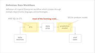 Deﬁnition: Data Workﬂows
deﬁnition of a typical Enterprise workﬂow which crosses through
multiple departments, languages, and technologies…
ANSI SQL for ETL

most of the licensing costs…

ETL

data
sources

data
prep

SAS for predictive models

predictive
model

end
uses

 