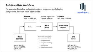 Deﬁnition: Data Workﬂows	

For example, Cascading and related projects implement the following
components, based on 100% open source:
Lingual:
DW → ANSI SQL

ETL

data
sources

business logic in Java,
Clojure, Scala, etc.

data
prep

a compiler sees it all… 
one connected DAG:
• troubleshooting

cascading.org

Pattern:
SAS, R, etc. → PMML

predictive
model

end
uses

• exception handling

source taps for
Cassandra, JDBC,
Splunk, etc.

• notiﬁcations
• some optimizations

sink taps for
Memcached, HBase,
MongoDB, etc.

 