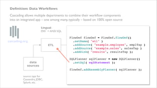 Deﬁnition: Data Workﬂows
Cascading allows multiple departments to combine their workﬂow components
into an integrated app – one among many, typically – based on 100% open source
Lingual:
DW → ANSI SQL

cascading.org
ETL

data
sources

source taps for
Cassandra, JDBC,
Splunk, etc.

business logic in Java,
!
Clojure, Scala, etc.

Pattern:
SAS, R, etc. → PMML

!
FlowDef flowDef = FlowDef.flowDef()!
.setName( "etl" )!
predictive
data
.addSource( "example.employee", emplTap )!
model
prep
.addSource( "example.sales", salesTap )!
.addSink( "results", resultsTap );!
 !
SQLPlanner sqlPlanner = new SQLPlanner()!
.setSql( sqlStatement );! end
uses
 !
flowDef.addAssemblyPlanner( sqlPlanner );!
!
sink taps for
!
Memcached, HBase,
MongoDB, etc.

 