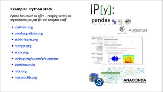 Example: Python stack	

Python has much to offer – ranging across an  
organization, no just for the analytics staff	


•
•
•
•
•
•
•
•
•

ipython.org
pandas.pydata.org
scikit-learn.org
numpy.org
scipy.org
code.google.com/p/augustus
continuum.io
nltk.org
matplotlib.org

 