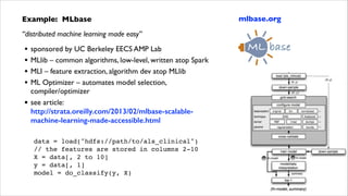 Example: MLbase	

“distributed machine learning made easy”	


•
•
•
•
•

sponsored by UC Berkeley EECS AMP Lab	

MLlib – common algorithms, low-level, written atop Spark	

MLI – feature extraction, algorithm dev atop MLlib	

ML Optimizer – automates model selection,  
compiler/optimizer	

see article: 
http://strata.oreilly.com/2013/02/mlbase-scalablemachine-learning-made-accessible.html
!
data = load("hdfs://path/to/als_clinical")!
// the features are stored in columns 2-10!
X = data[, 2 to 10]!
y = data[, 1]!
model = do_classify(y, X)

mlbase.org

 
