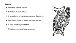 Outline	


•

Deﬁnition: Machine Learning	


•

Deﬁnition: Data Workﬂows	


•

A whole bunch o’ examples across several platforms	


•

Nine points to discuss, leading up to a scorecard	


•

A crazy little thing called PMML	


•

Questions, comments, ﬂying tomatoes…

 