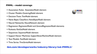 PMML – model coverage

•
•
•
•
•
•
•
•
•
•
•

Association Rules: AssociationModel element	

Cluster Models: ClusteringModel element	

Decision Trees: TreeModel element	

Naïve Bayes Classiﬁers: NaiveBayesModel element	

Neural Networks: NeuralNetwork element	

Regression: RegressionModel and GeneralRegressionModel elements	

Rulesets: RuleSetModel element	

Sequences: SequenceModel element	

Support Vector Machines: SupportVectorMachineModel element	

Text Models: TextModel element	

Time Series: TimeSeriesModel element

ibm.com/developerworks/industry/library/ind-PMML2/

 