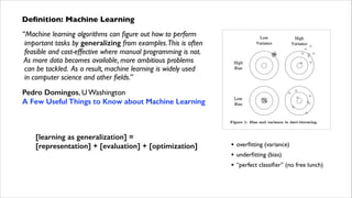 Deﬁnition: Machine Learning
“Machine learning algorithms can ﬁgure out how to perform 
important tasks by generalizing from examples.This is often 
feasible and cost-effective where manual programming is not.  
As more data becomes available, more ambitious problems  
can be tackled. As a result, machine learning is widely used  
in computer science and other ﬁelds.”	

Pedro Domingos, U Washington 
A Few Useful Things to Know about Machine Learning

[learning as generalization] = 
[representation] + [evaluation] + [optimization]

•
•
•

overﬁtting (variance) 	

underﬁtting (bias)	

“perfect classiﬁer” (no free lunch)

 